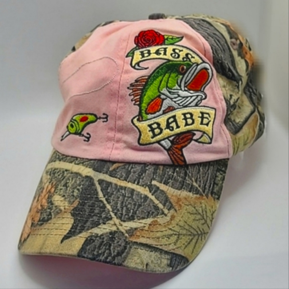 Bass Babe Ball Cap Camo Pink Cool Embroidery Velcro Back "Great Catch"